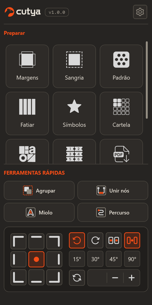 O painel do cutya como aparece dentro do CorelDRAW